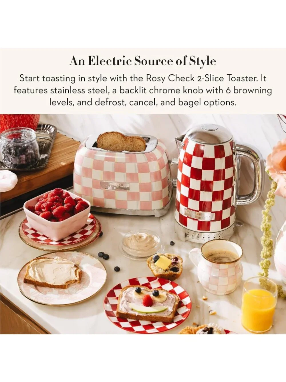 2-Slice Pink-and-White Courtly Check Stainless Steel Decorative Bread Toaster